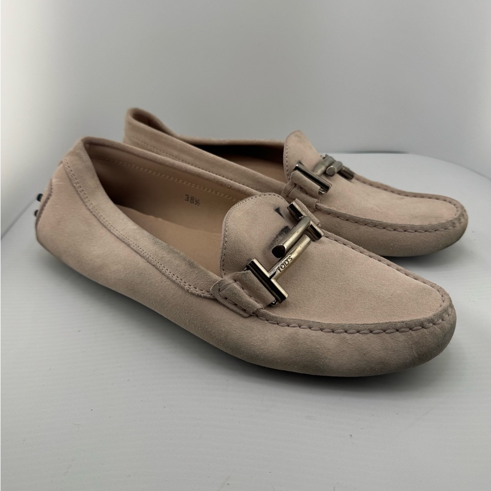 Tod's Light Tan Suede Loafers with Metal Accent